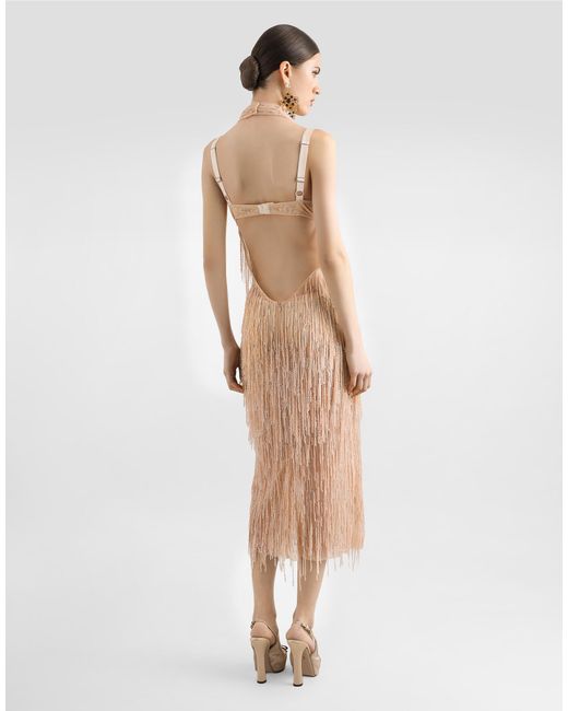 Dolce & Gabbana Natural Calf-Length Dress With Sequined Fringe Embellishment