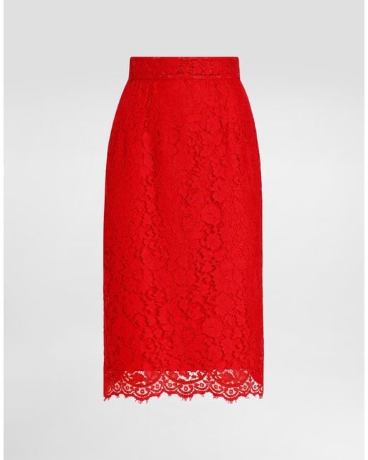 Dolce & Gabbana Red Cordonetto Lace Midi Pencil Skirt