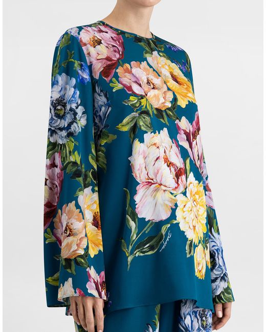 Dolce & Gabbana Blue Peony-Print Charmeuse Top
