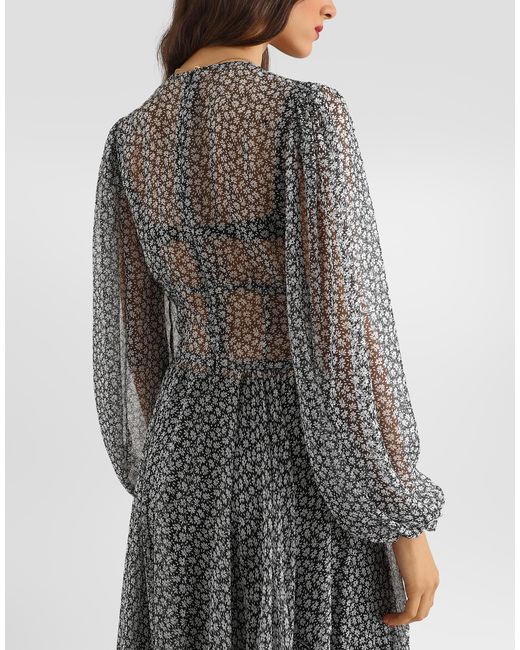 Dolce & Gabbana Gray Daisy-Print Chiffon Dress