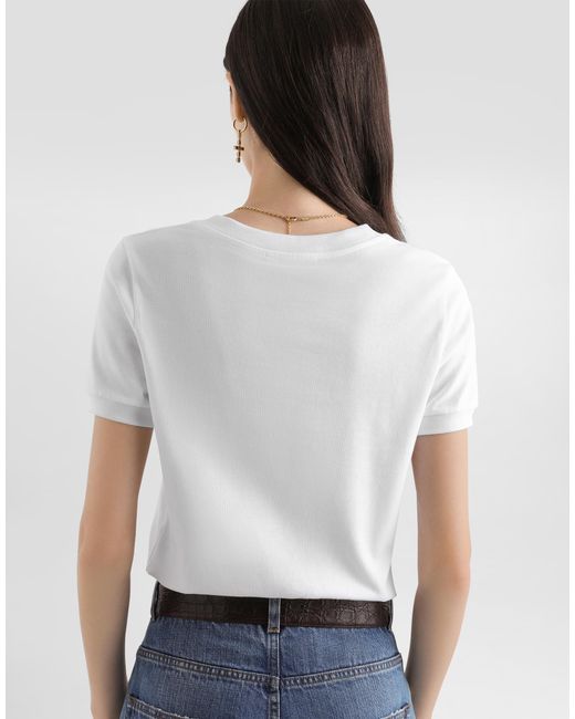 Dolce & Gabbana White Jersey T-Shirt With Print And Embroidery