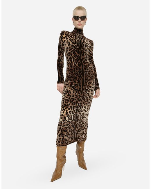 Dolce & Gabbana Multicolor Long Chenille Dress With Jacquard Leopard Design