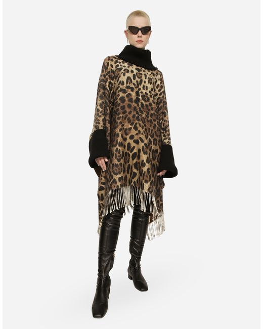 Dolce & Gabbana Brown Poncho Aus Wolle Und Kaschmir Mit Fransen