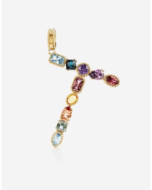 Dolce & Gabbana Metallic Charm T Lettering 18Kt And Multicolored Gems