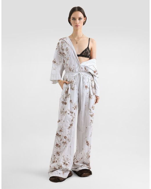 Dolce & Gabbana White Poplin Trousers With Thread Floral Embroidery And Rhinestones