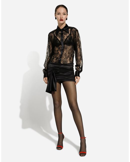 Dolce & Gabbana Black Short Draped Satin Skirt With Side Bow