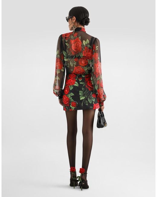 Dolce & Gabbana Red Rose-Print Brocade Skirt
