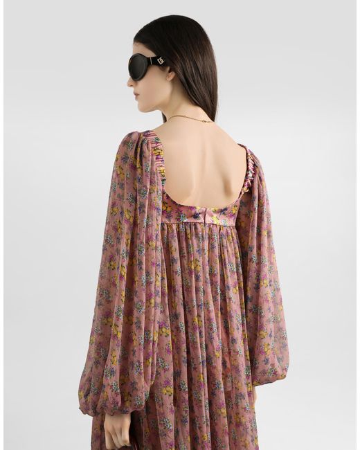 Dolce & Gabbana Brown Small Floral-Print Chiffon Dress With Lace