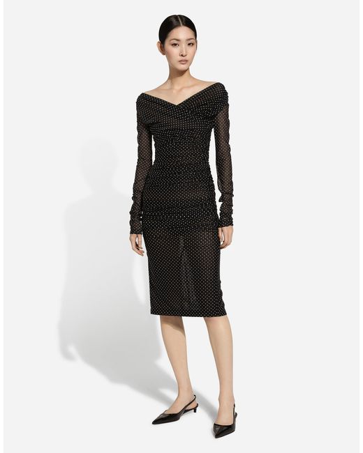 Dolce & Gabbana ドレープ&ドットプリント チュール ロンゲット ドレス Black