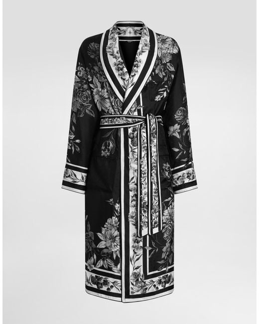Dolce & Gabbana White Flower Bouquet-Print Jacquard Twill Robe for men