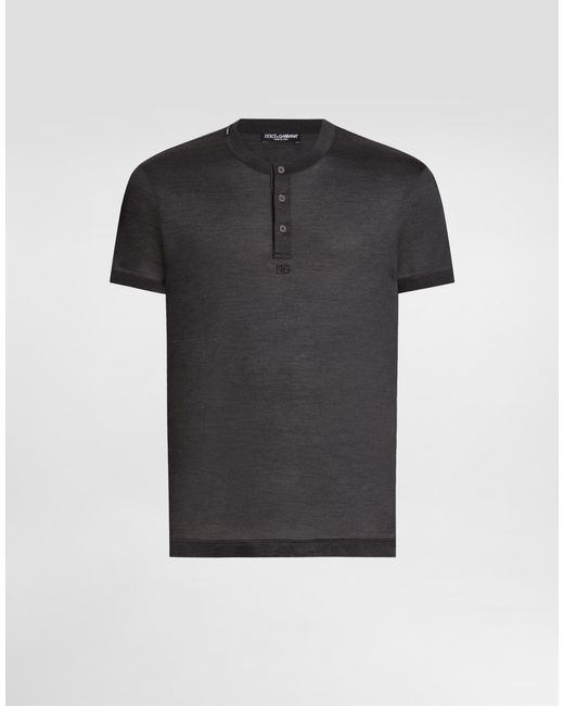 メンズ Dolce & Gabbana エンブロイリー シルク ヘンリーネック Tシャツ Black