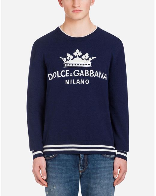 Dolce & Gabbana Blue Crown Logo Intarsia Jumper for men