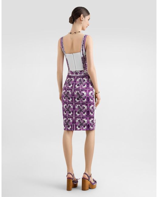 Dolce & Gabbana Purple Majolica-Print Charmeuse Bustier Top