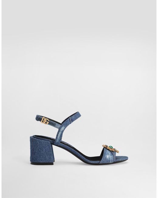 Dolce & Gabbana Blue Denim Sandals With Embroidery And Stones
