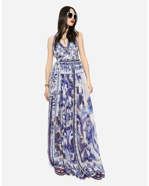 Dolce & Gabbana Blue Long Sleeveless Silk Chiffon Dress With Majolica Print