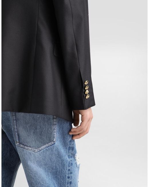 Dolce & Gabbana Blue Single-Breasted Wool And Silk Jacket With Patch for men