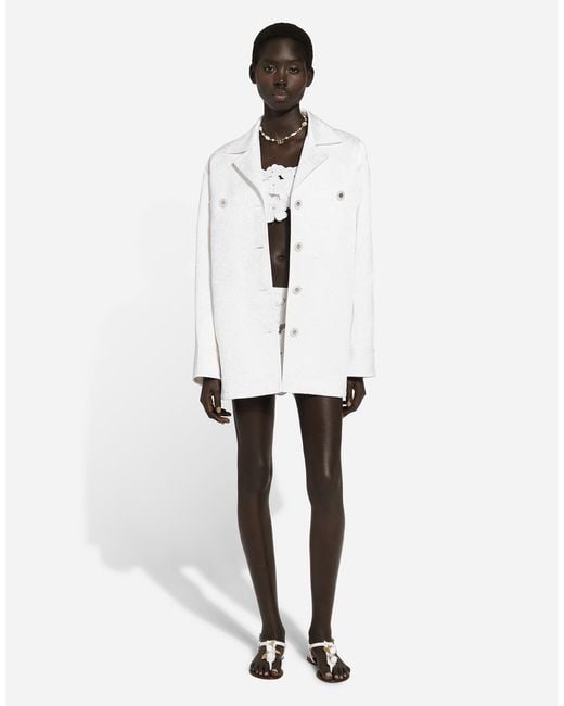 Dolce & Gabbana White Short Single-Breasted Brocade Coat