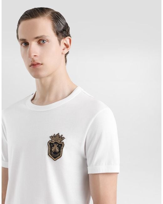 Dolce & Gabbana White Cotton T-Shirt With Heraldic Patch for men