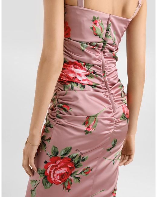 Dolce & Gabbana White Rose Bouquet-Print Satin Dress