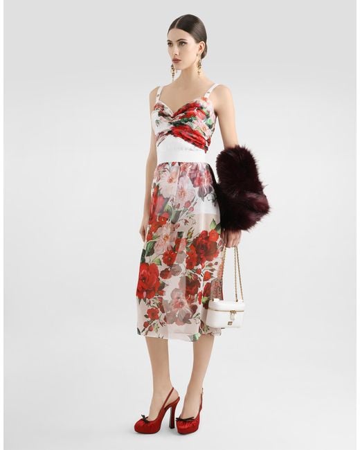 Dolce & Gabbana White Rose- Chiffon Calf-Length Skirt