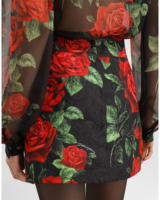 Dolce & Gabbana Red Rose-Print Brocade Skirt