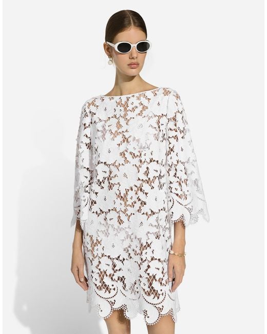Vestido Corto De Corte Holgado De Algodón Con Bordado Floral Calado Dolce & Gabbana de color White