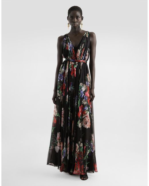 Dolce & Gabbana Black Long Floral- Chiffon Dress
