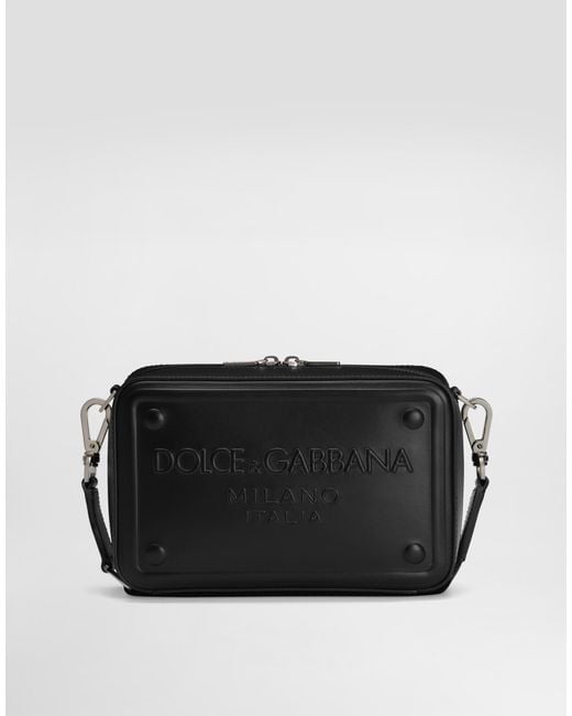 Dolce & Gabbana Black Calfskin Crossbody Bag with Raised Logo for men