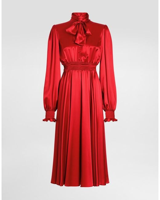 Dolce & Gabbana Red Silk Satin Shirt Dress With Pussy-Bow