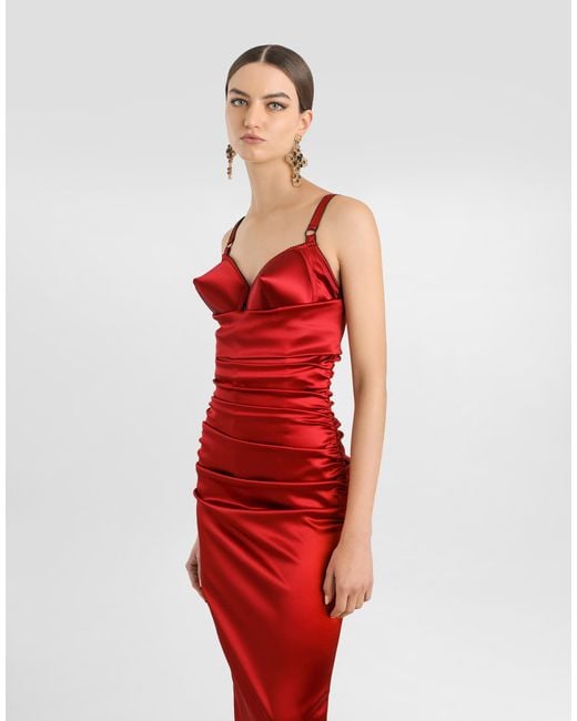Dolce & Gabbana Red Draped Satin Calf-Length Dress With Conical Cups