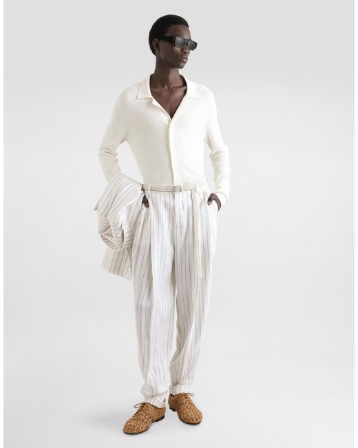 Dolce & Gabbana White Pinstripe Linen-Blend Pants With Double Darts for men
