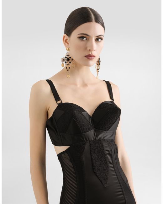 Dolce & Gabbana Black Calf-Length Satin And Lace Dress With Corset Details