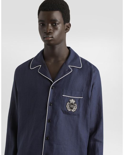 Dolce & Gabbana Blue Linen Vanity Shirt With Heraldic Emblem for men