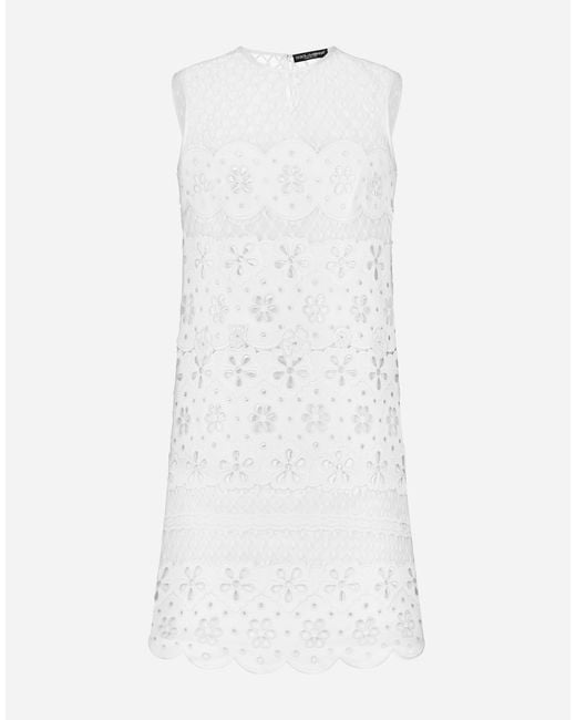 Dolce & Gabbana White Kurzes Kleid Aus Baumwolle Mit Cut-Out-Stickerei