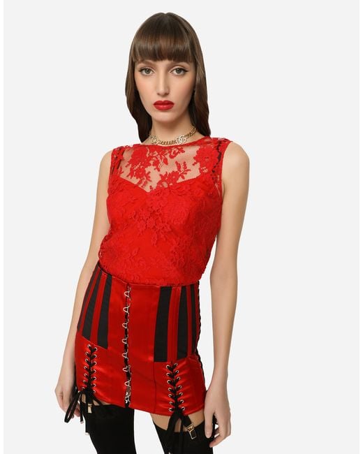 Dolce & Gabbana Red Floral Chantilly Lace Top
