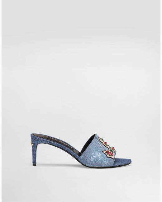 Dolce & Gabbana Blue Sandalette Aus Denim Mit Patch Und Stickereien