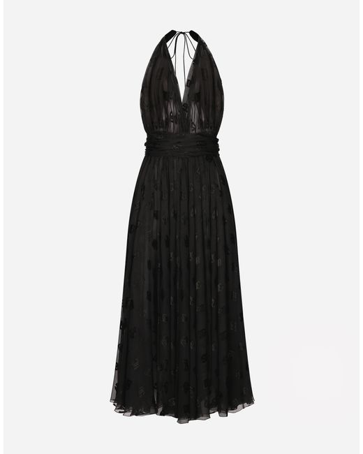 Dolce & Gabbana Black Dévoré Satin Calf-Length Dress With All-Over Dg Logo