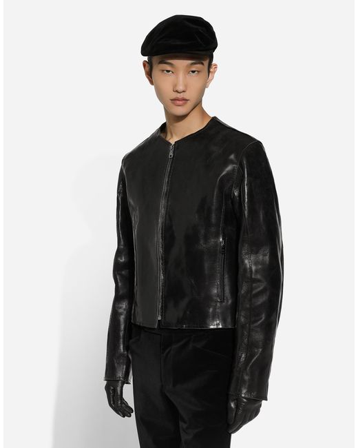 Dolce & Gabbana Black Collarless Leather Jacket for men
