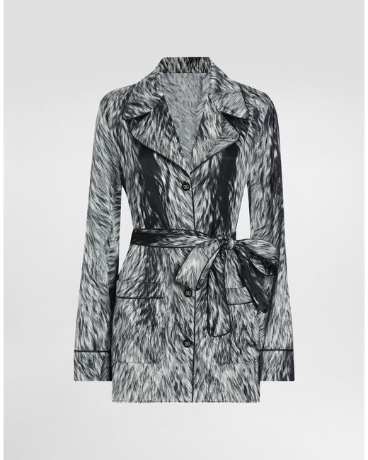 Dolce & Gabbana Gray Pyjamabluse Aus Seidensatin Fellprint