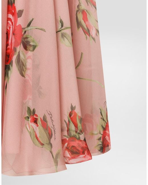 Dolce & Gabbana Pink Rose Bouquet-Print Chiffon Circle Skirt