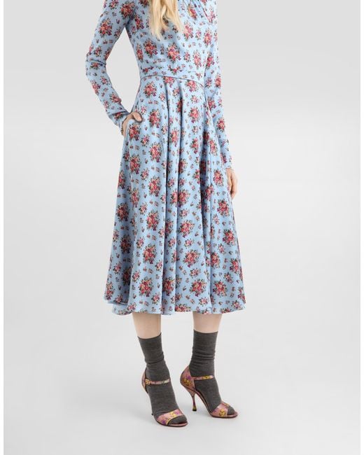 Dolce & Gabbana Blue Small Flower Bouquets-Print Long Charmeuse Dress