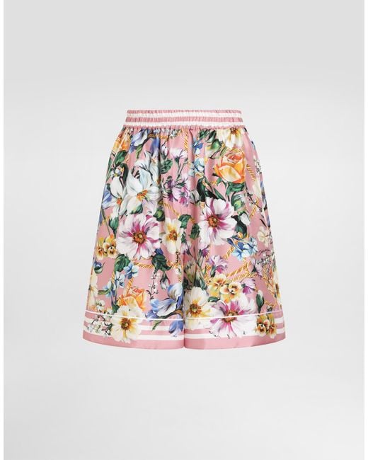 Pantalón Corto Estilo Pijama De Seda Con Estampado De Flores Dolce & Gabbana de color White