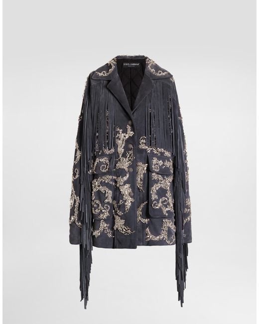 Dolce & Gabbana Blue Embroidered Split Leather Jacket
