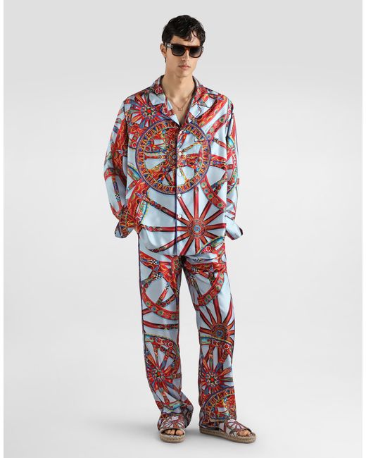 Dolce & Gabbana Red Carretto-Print Silk Twill Shirt for men