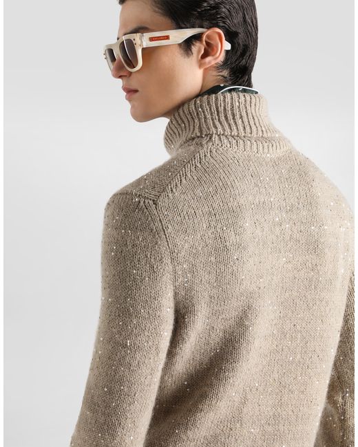 Dolce & Gabbana Natural Knit Turtleneck With Sequins for men