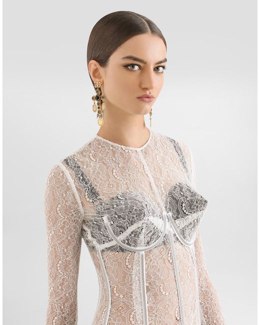 Dolce & Gabbana Natural Lace Calf-Length Dress With Corset Detailing