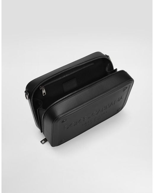 Dolce & Gabbana Black Calfskin Crossbody Bag with Raised Logo for men