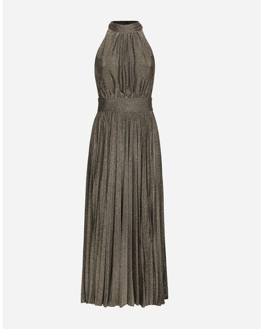 Dolce & Gabbana Natural Pleated Jersey Lurex Calf-Length Dress