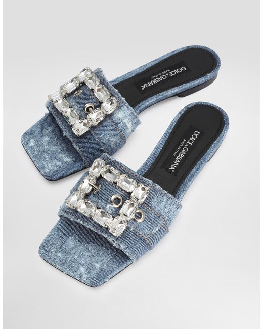 Dolce & Gabbana White Patchwork Denim Slides With Rhinestone Buckle