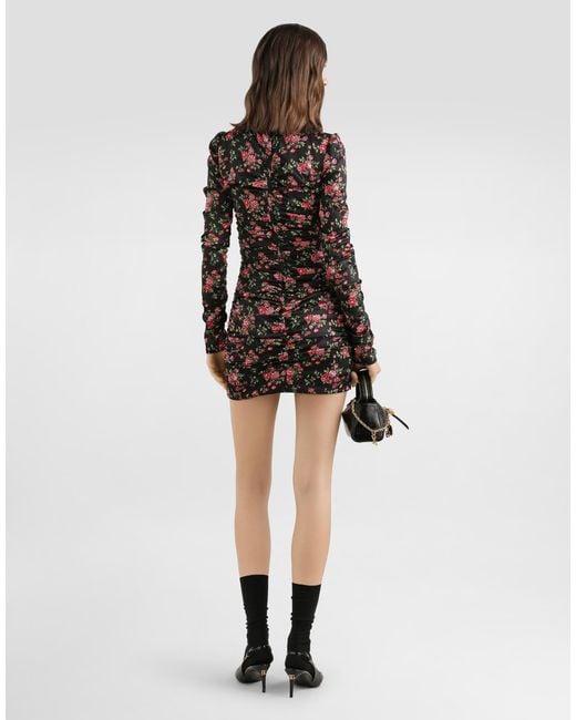 Dolce & Gabbana Black Small Rose Bouquets-Print Long Satin Dress